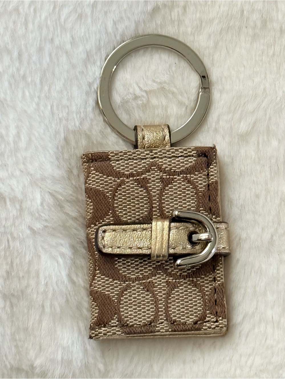 Coach Brown Signature Mini Key Fob with Metallic Gold Buckle Photo Frame